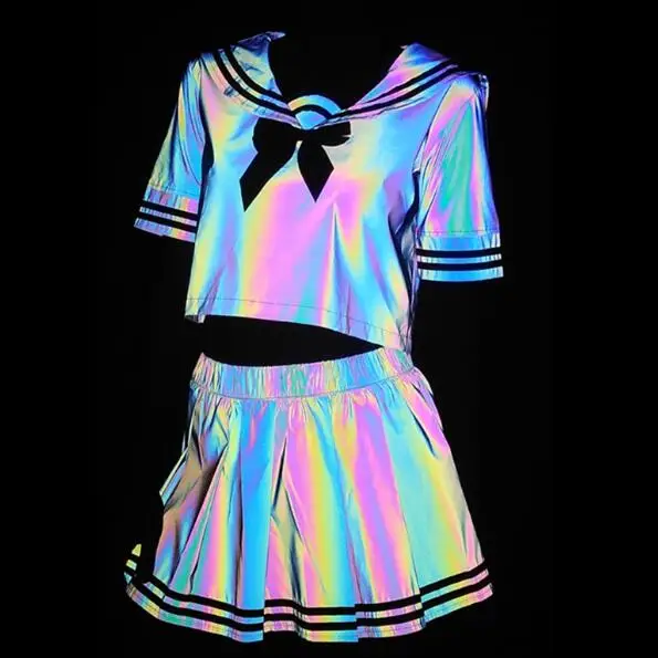 

Nightclub DJ Dance Reflective Sailor School Uniform Women Summer Dress Stage Colourful Sailor