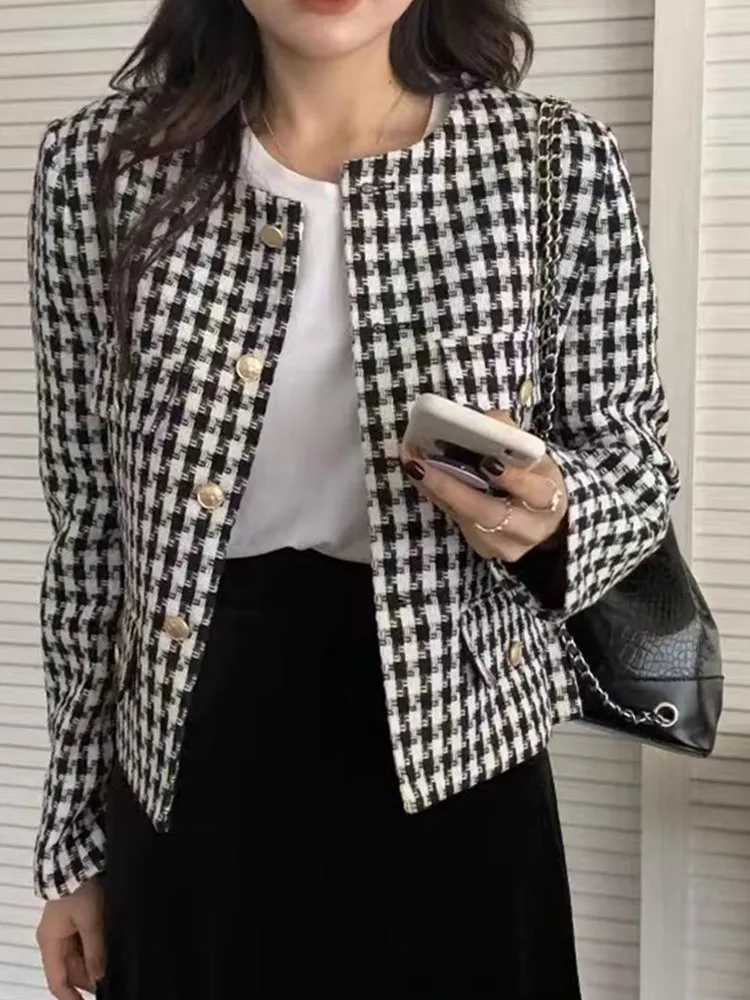 

New Autumn Winter Small Fragrance Tweed Jacket Coat Women Single Breasted Houndstooth Woolen Short Coats Vintage Outerwear