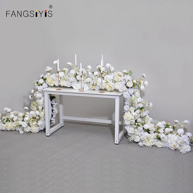 

Luxury White Wedding Floral Runner Arrangement Banquet Event Table Centerpieces Row With Candleholder Rose Orchid Flower Row