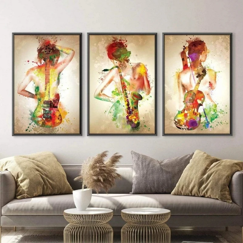 

Harmonic Splash Canvas Print Wall Art Abstract Nude Women Violin Oil Paintings Posters for Minimalist Bedroom Home Decor Picture