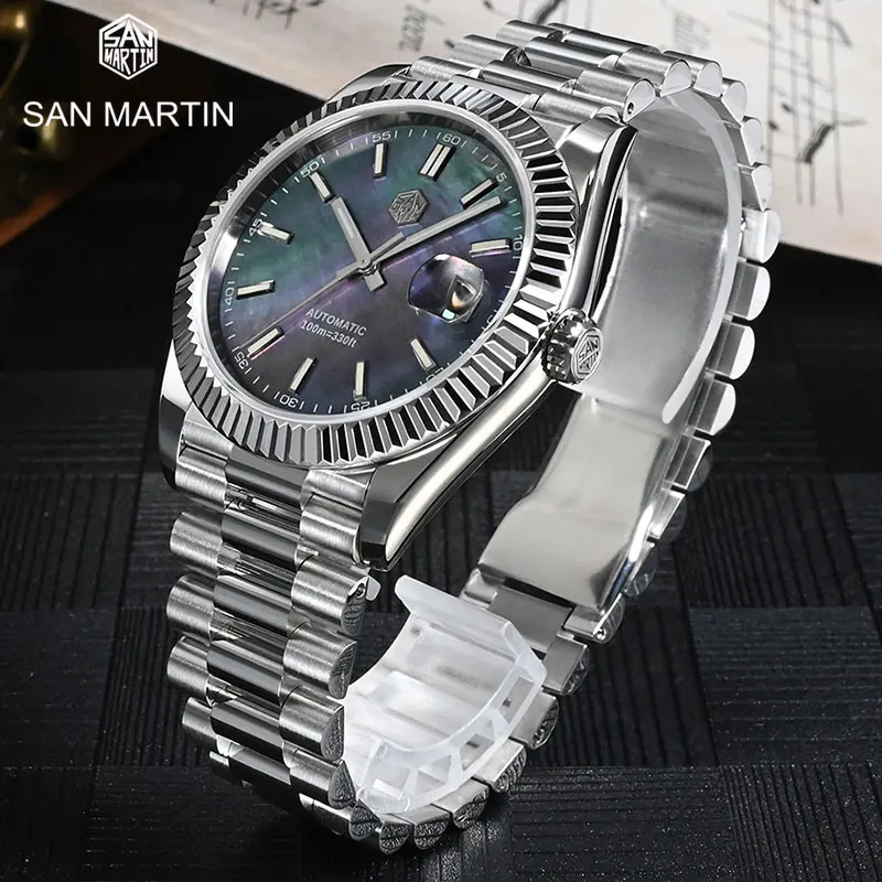 

San Martin 40mm Fritillaria Dial Men Watch Luxury Automatic Mechanical Watches Sapphire Cyclops Date 10 Bar Waterproof Luminous