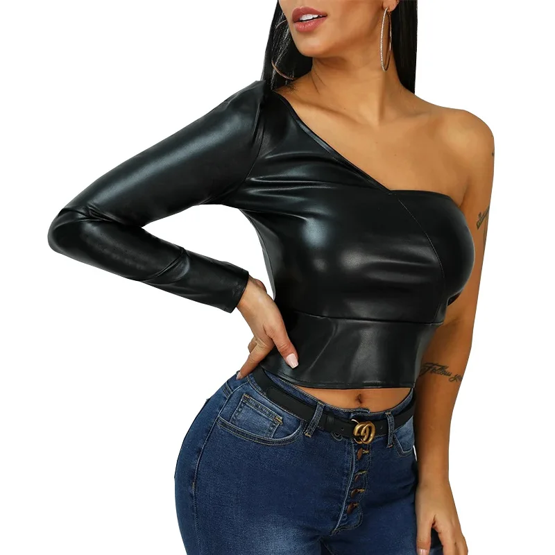 black one shoulder long sleeve crop top