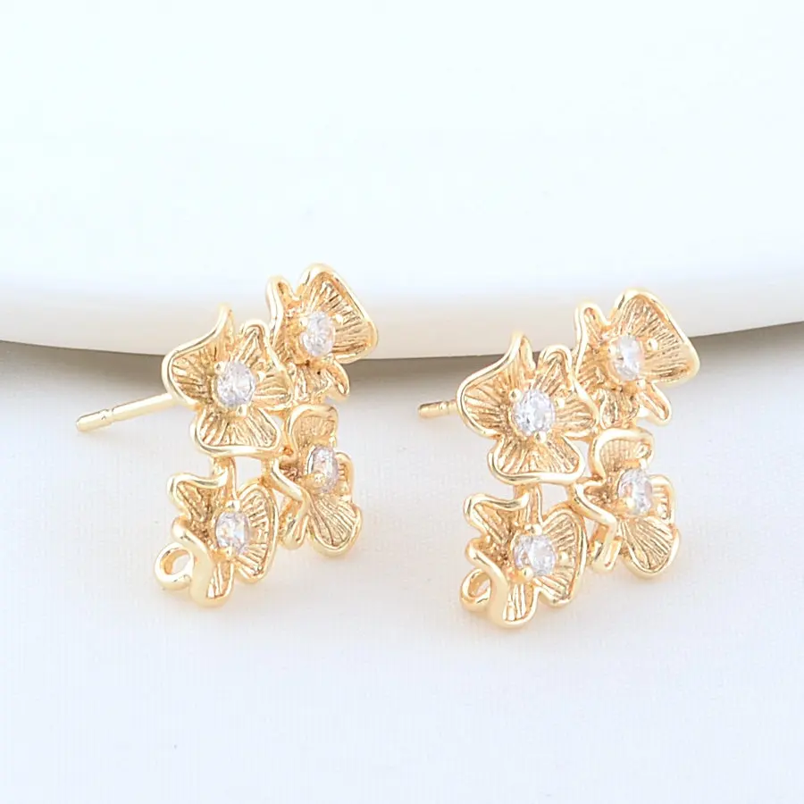 4PCS 13,5*18,5 MM 14K Gold Farbe Messing und Zirkon Blumen Stud Ohrringe Pins Schmuck Machen Liefert Erkenntnisse – Detail 5