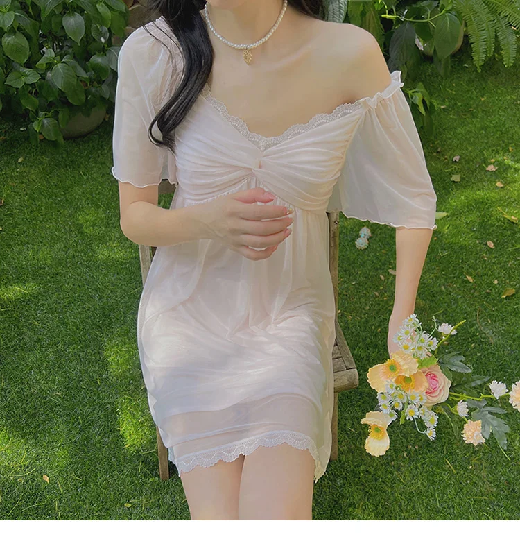 Summer new pajamas women's summer lace mesh sexy short-sleeved nightdress with chest pad dress home clothes