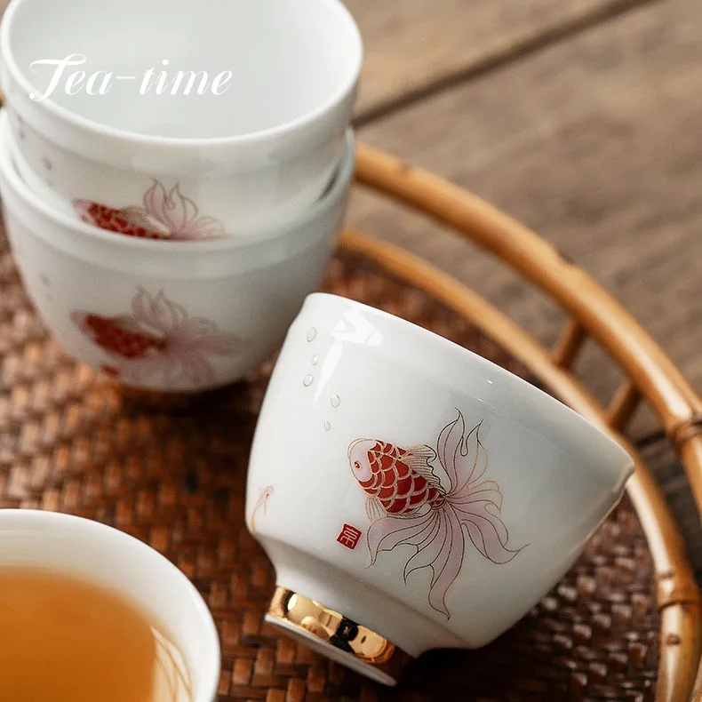 75ml Hand -painted Powder Red Koi Fish Fun Ceramic Tea Cup Drawing Gold Handmade Master Cup Single Wide Mouth Drinkware