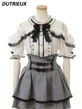 Sweet Cute Girls Short Sleeve Tops Japanese Style Mine Mass-Produced 2025 Summer Kawaii Slimming Lace Off-Shoulder Shirt 1