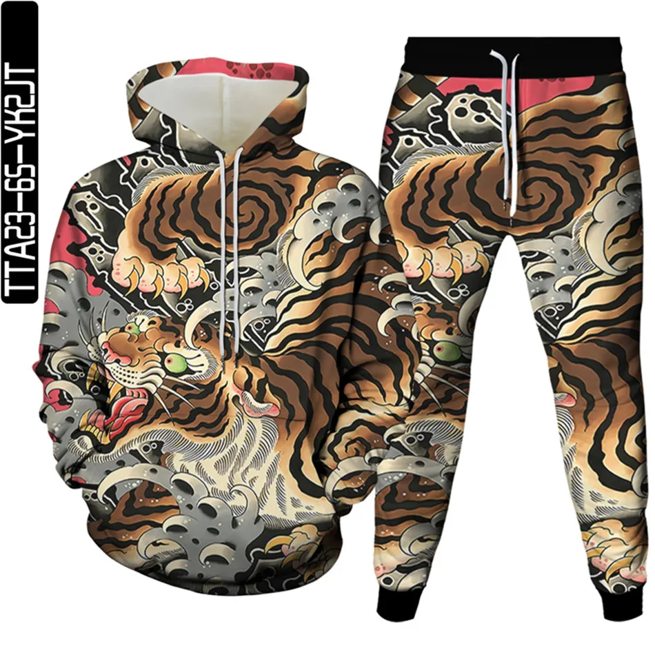 

Спортивный костюм в стиле Харадзюку для мужчин и женщин, кофта с капюшоном и штаны с 3D-принтом тигра, Льва, модная одежда, комплект из 2 предметов, Осень-зима