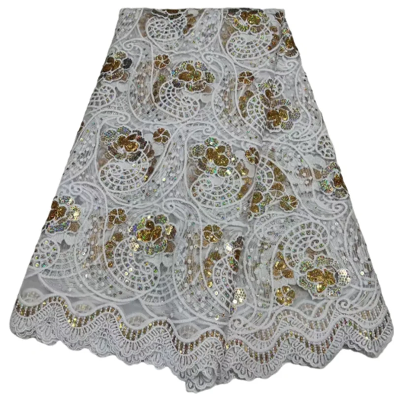 

2020 5 Yard White Wedding French Lace Fashion Design Shiny Sequins Embroidery African Tulle Lace Fabric Nigerian dress(JZZ-4-22