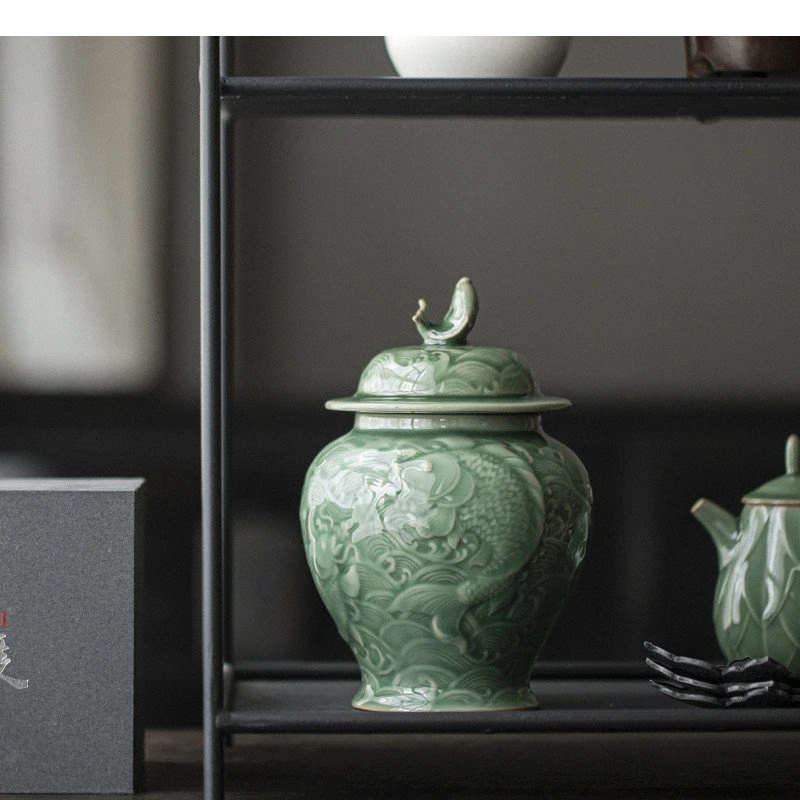 Celadon Relief Ceramic Storage Sealed Pot Kungfu Tea Set Box Chinese Ceremony Accessories