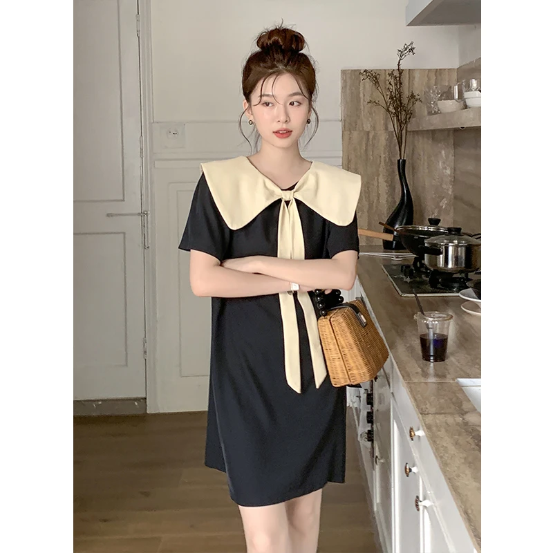 

Black Patchwork Dress Elegant For Women Short Sleeve Doll Neck Fashion Set Comfortable Korean Summer Summer Loose Foreign Skirt