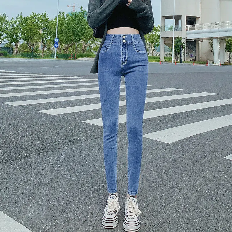 

High Waist Stretchable Pencil Pants for Women Summer Autumn Streetwear Jeans Stretch Ripped Classic Denim Slim Trousers L38