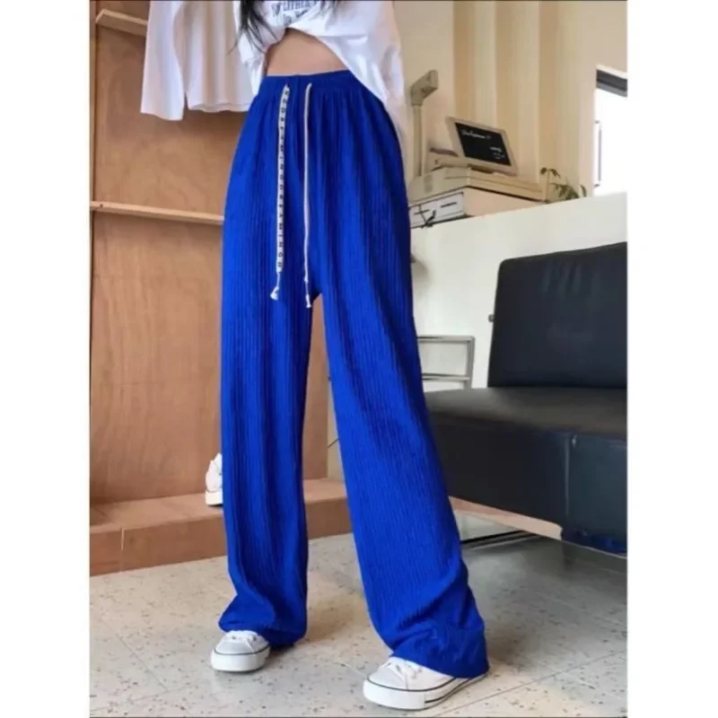 Autumn and Winter Women's Solid Color Elastic Lace Up High Waist Loose Long Wide Leg Fashion Casual Elegant Commuter Pants