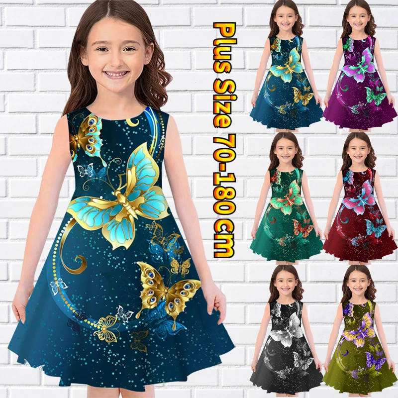 

Summer Little Girl Butterfly Print Midlength Skirt Retro Lovely Sleeveless Dress Round Neck Loose Knee Skirt Round Neck Skirt