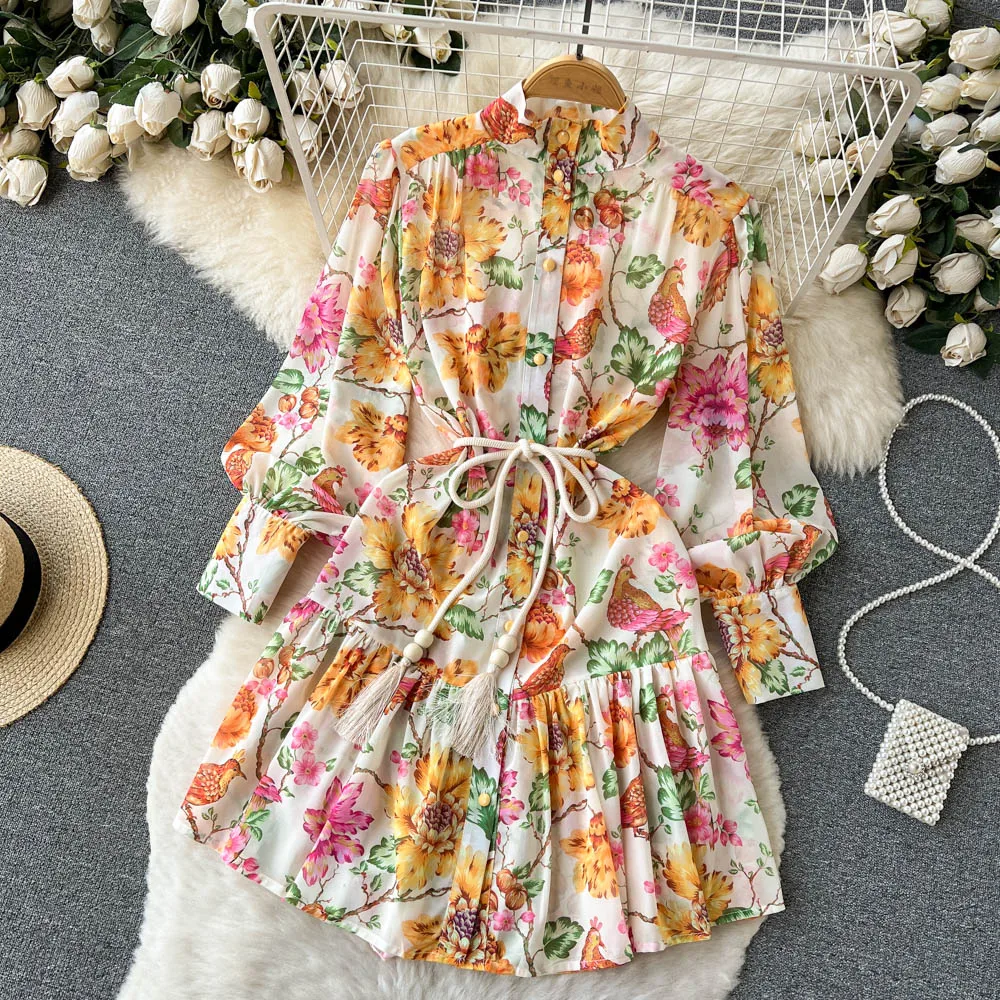 

2023 New floral loose dress Women's Lantern Sleeve lace-up floral print chiffon dress