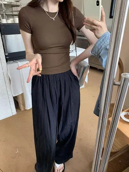 Basic Solid Crop Top Short Sleeve Crewneck Skinny T-shirt Summer Casual Tee for Women y2k Vintage Top Harajuku Streetwear 1
