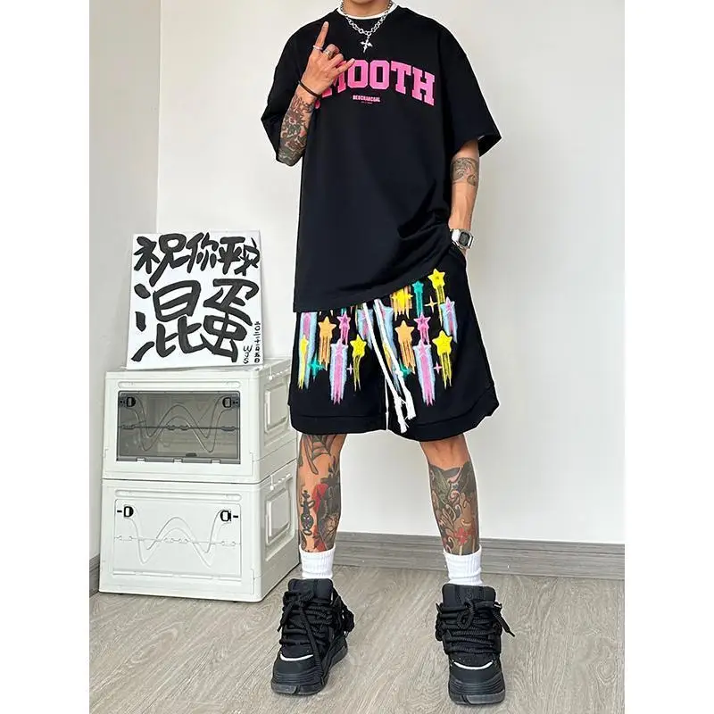Star Foaming Graffiti Street Casual Printing Summer Men American Style High Street Dopamine Loose Comfortable All-match Shorts
