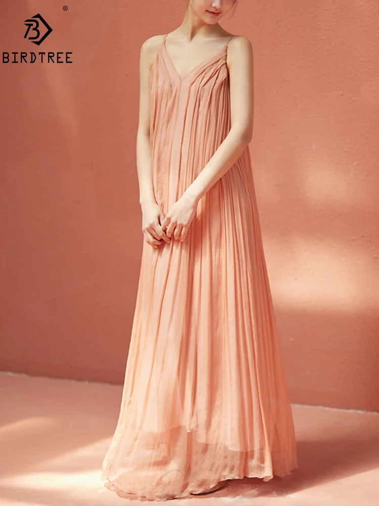 

BirdTree, 100%Mulberry Silk Elegant Dresses, Women V Neck Sleeveless, Party Fashion Design OL Dress, 2024 Summer Fall D464102QM