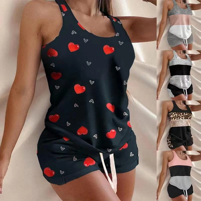 lounge wear Summer Two Piece Set Women Tracksuit Home Clothes Patchwork Letter Print Tank Top Shorts Sweat Suits Casual Women's Sets Outfits pj sets