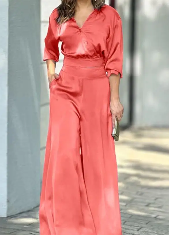 

Two Piece Set Women Outfit 2023 Summer Fashion Long Sleeve Ruched V-Neck Crop Top & Casual High Waist Wide Leg Pocket Pants Set