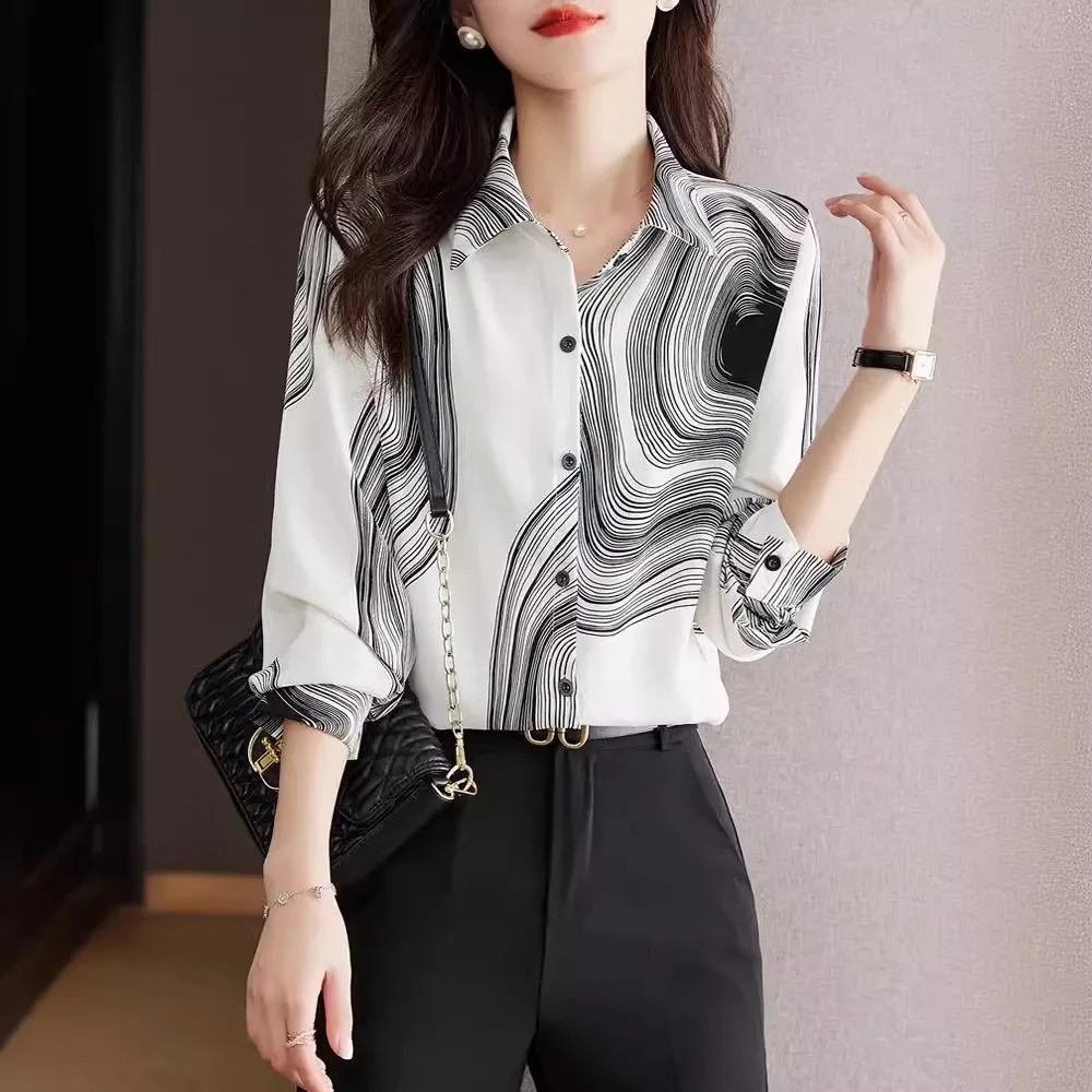Women's Spring 2025 Stylish Printed Chiffon Blouse with Long Sleeves