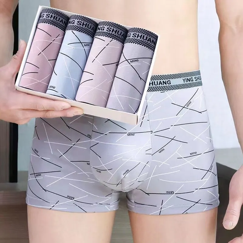 4PCS/Lot Men's Panties Striped Printing Student Quick Drying Man Underwear Boxers Sexy U Convex Male Underpants Breathable