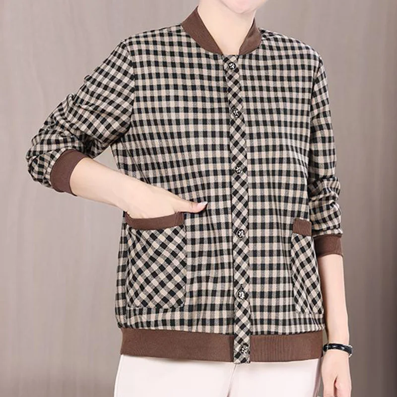 Spring and Autumn New Splicing Double Pockets Jackets Stand Collar Thread Striped Printed Long Sleeve Loose Fashion Coat Women's