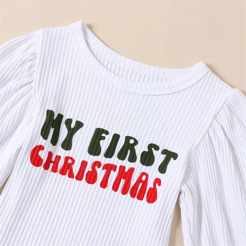 

Newborn Baby Girl My 1st Christmas Outfits Letter Long Sleeve Romper Tops Bell Bottom Pants with Headband Clothes