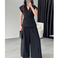 MUJER 2025 Wide Leg Pants Sets for Women 2 Pieces Sleeveless Vest Top Woman Pleated Casual Trousers Sets Two Piece Outfits Woman - Image 3