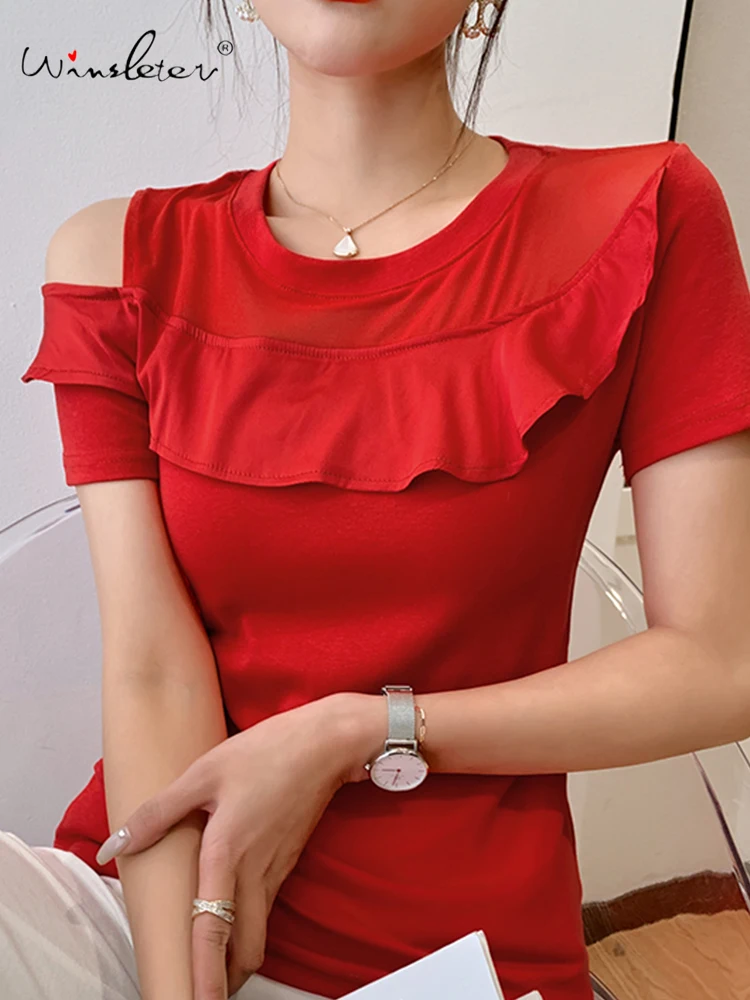 

Summer 2022 Cotton T-shirt Women Ruffles Mesh Patchwork Off-shoulder O-neck Short Sleeve Tops Tees New T24813X