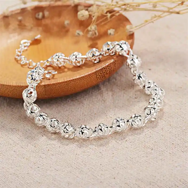 

New Pretty lovely Hollow ball Chain 925 Sterling Silver Bracelet for Women Fashion Wedding Party Holiday gift fine Jewelry