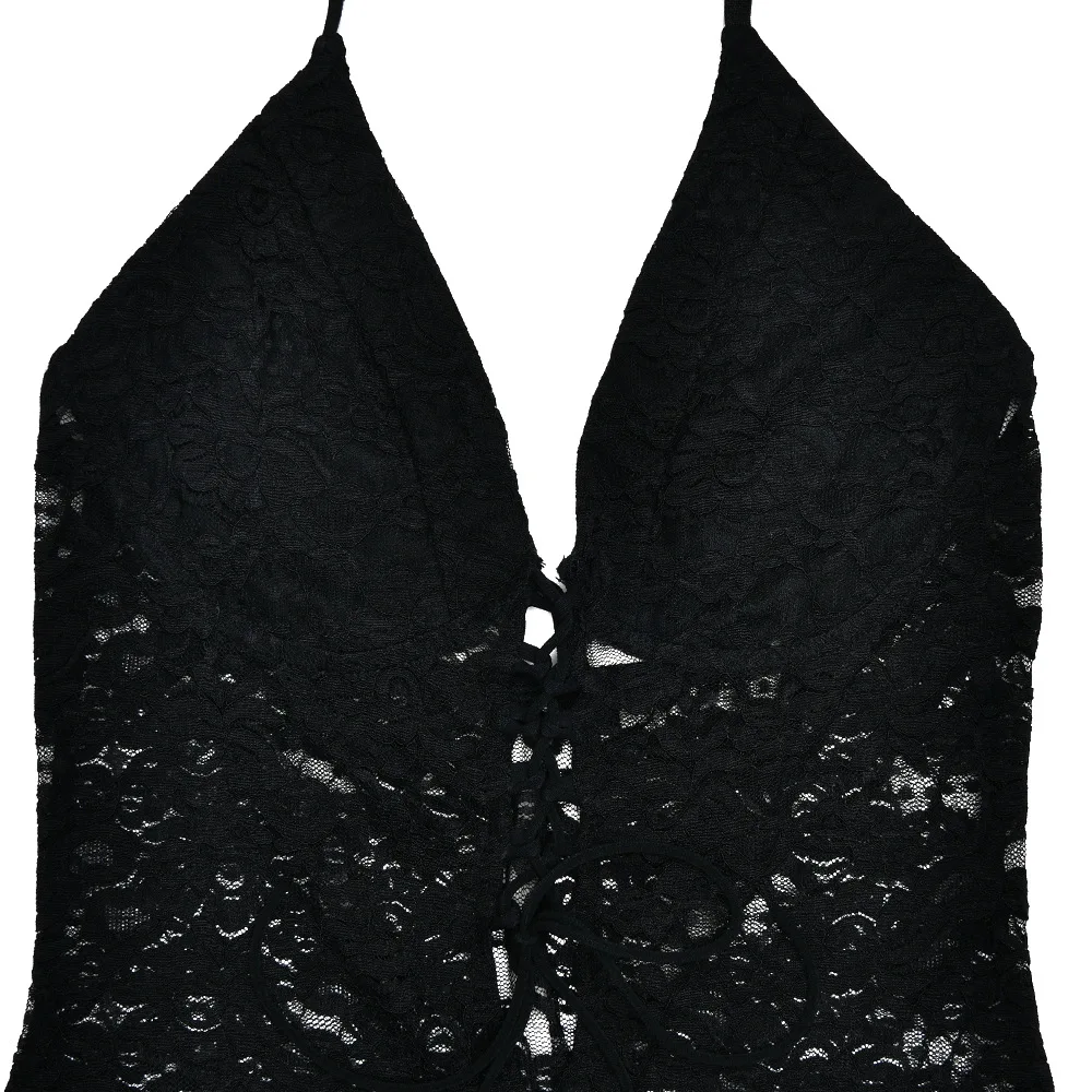 2024 Summer Sexy Lace See Through Slim Jumpsuit Women Halter Bandage Sleeveless Backless Elegant Flare Rompers Streetwear Outfit