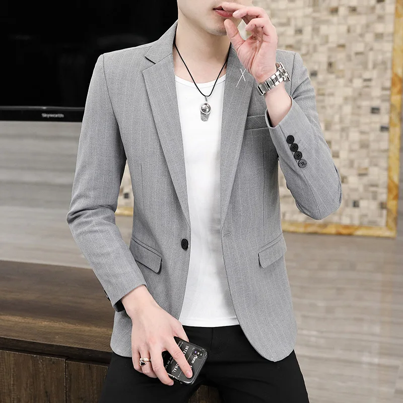 New Men's Solid Color Gentleman Slim Trend Casual Striped Blazer All Match British Style Breathable Youth Fashion Handsome Suit