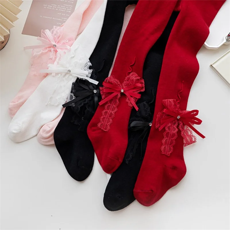 Toddler Kids Girls Stockings Cute Rhinestone Double Bowknot Lolita Princess Dance Ballet Tights High Waisted Footed Pantyhose