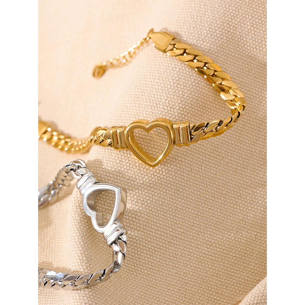 18k Gold Color Love Heart Cuban Chain Stainless Steel Metal Bangle Bracelet - Image 6