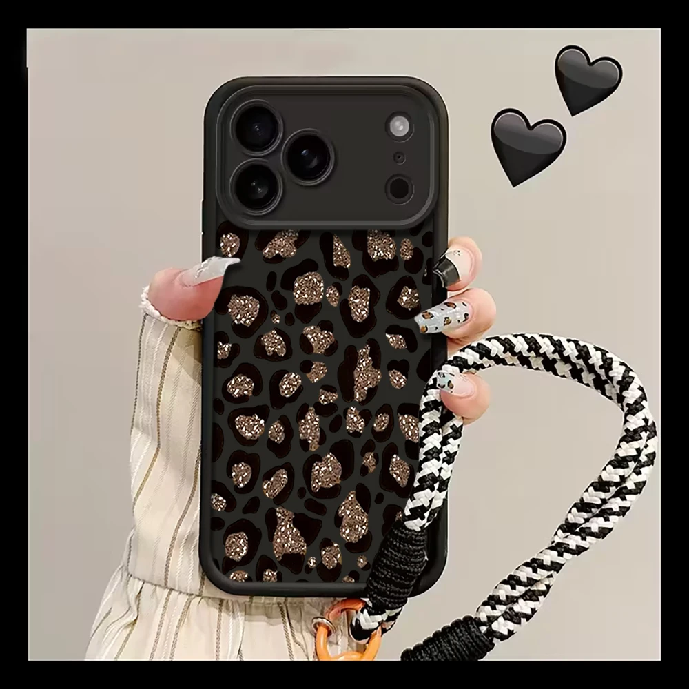 Leopard Print Wrist Strap Phone Case with Lanyard - Soft Cover