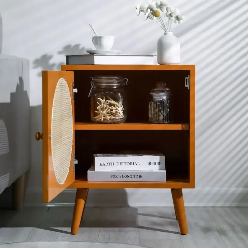 Room Bedroom Bedside Table Rattan Bedside Cabinet Storage Wood Cabinet for Homestay Hotel Home