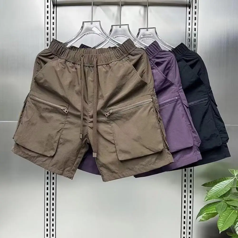 

Summer Men Cargo Shorts Quick Dry Zipper Pockets Drawstring Elastic Waist Loose Wide Leg Pure Color Thin Casual Sport Knee Lengt