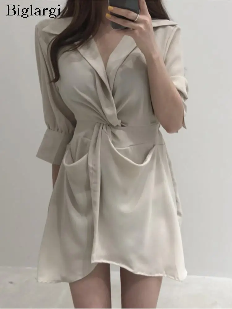 

Spring Mini Shirts Dress Women Irregular Pleated Fashion Loose Ladies Dresses Korean Style Long Sleeve Casual Woman Dress