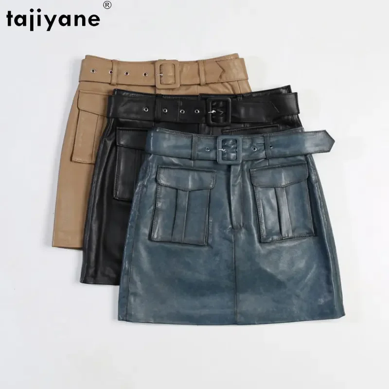 

Tajiyane Real Leather Skirt Women Genuine Sheepskin Skirts for Women 2023 Black Short Skirt Korean Style Belt A-line Skirt Trend