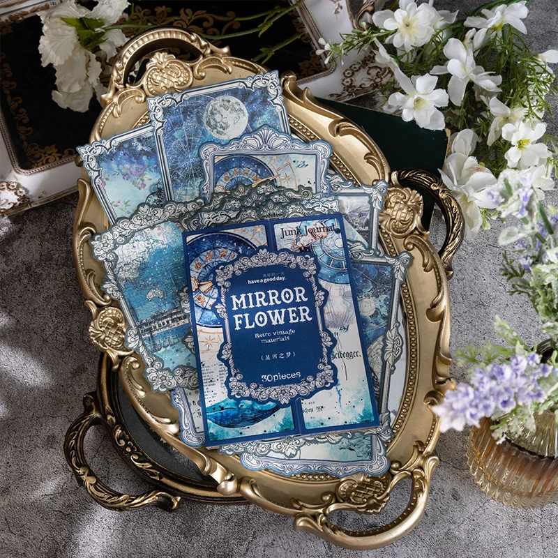 

30Sheets Material Mirror Flower Edge Retro Art Handbook Decoration Diary Base Paper Notebooks Scrapbook 180*118MM