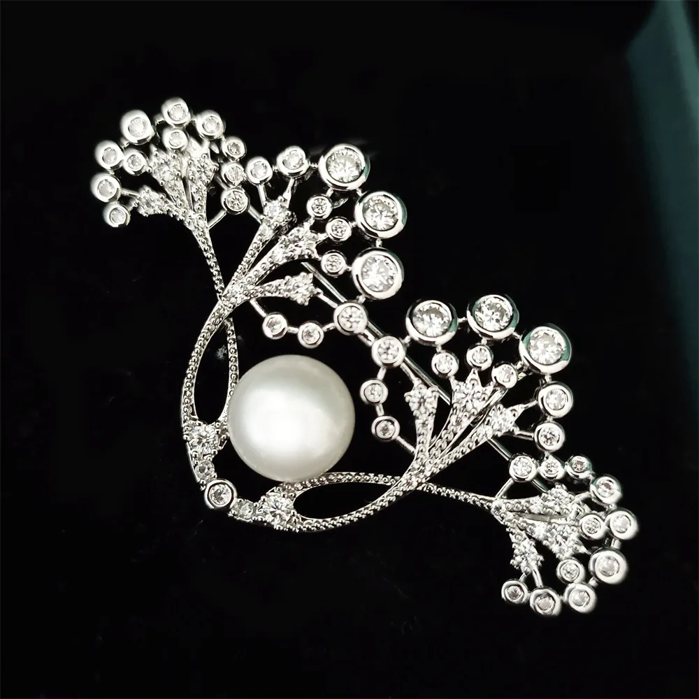 

OKILY Exquisite Zircon Acacia Flower Brooch with Natural Freshwater Pearl Vintage Hollow Out Design Flower Pin