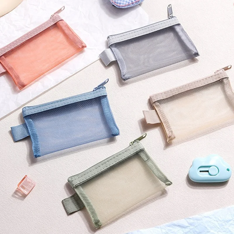Portable mini zipper mesh storage bag 1PC coin purse small square travel storage carry pouch
