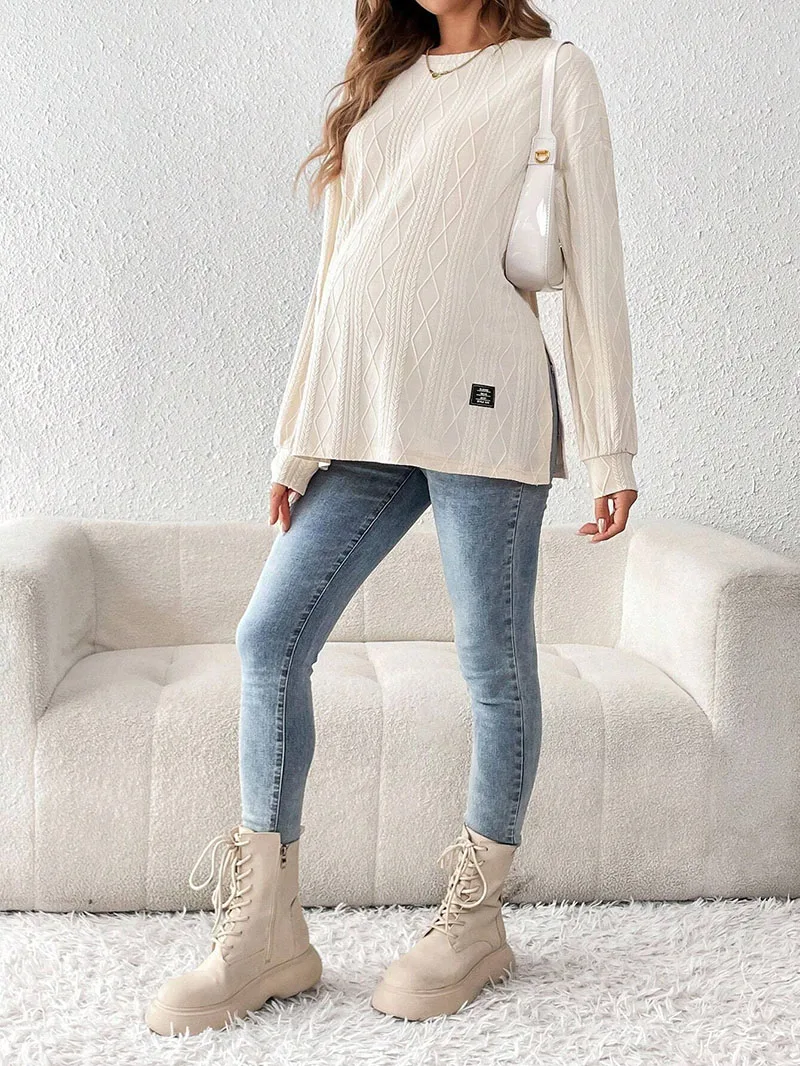Pregnant Women Clothing Tees Maternity Clothes Pregnant Women Wear Round Neck Long Sleeve Monochrome Daily Leisure T-shirt 3