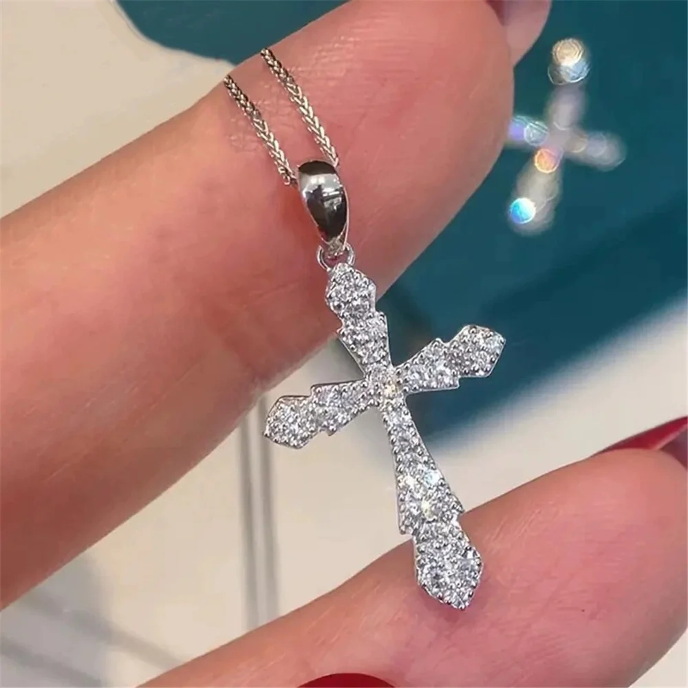 Female Charm Crystal White Zircon Stone Cross Pendant Necklace Vintage Silver Color Wedding Jewelry For Women