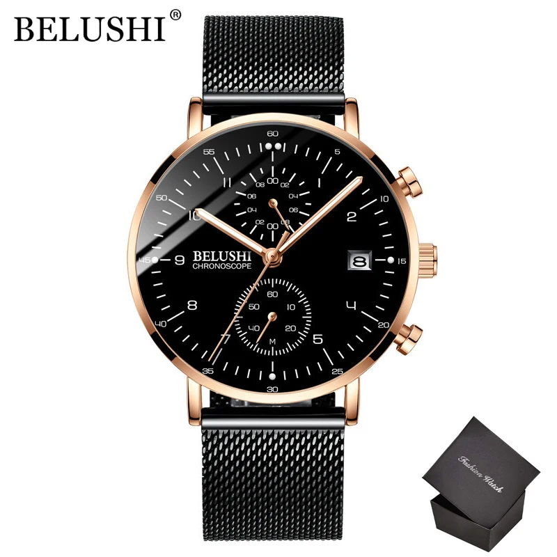 BELUSHI Quartz Waterproof Mens Clock Mesh Steel Sport Watches Men Fashion Top Brand Luxury Ultra-Thin Watch for Men Reloj Hombre 