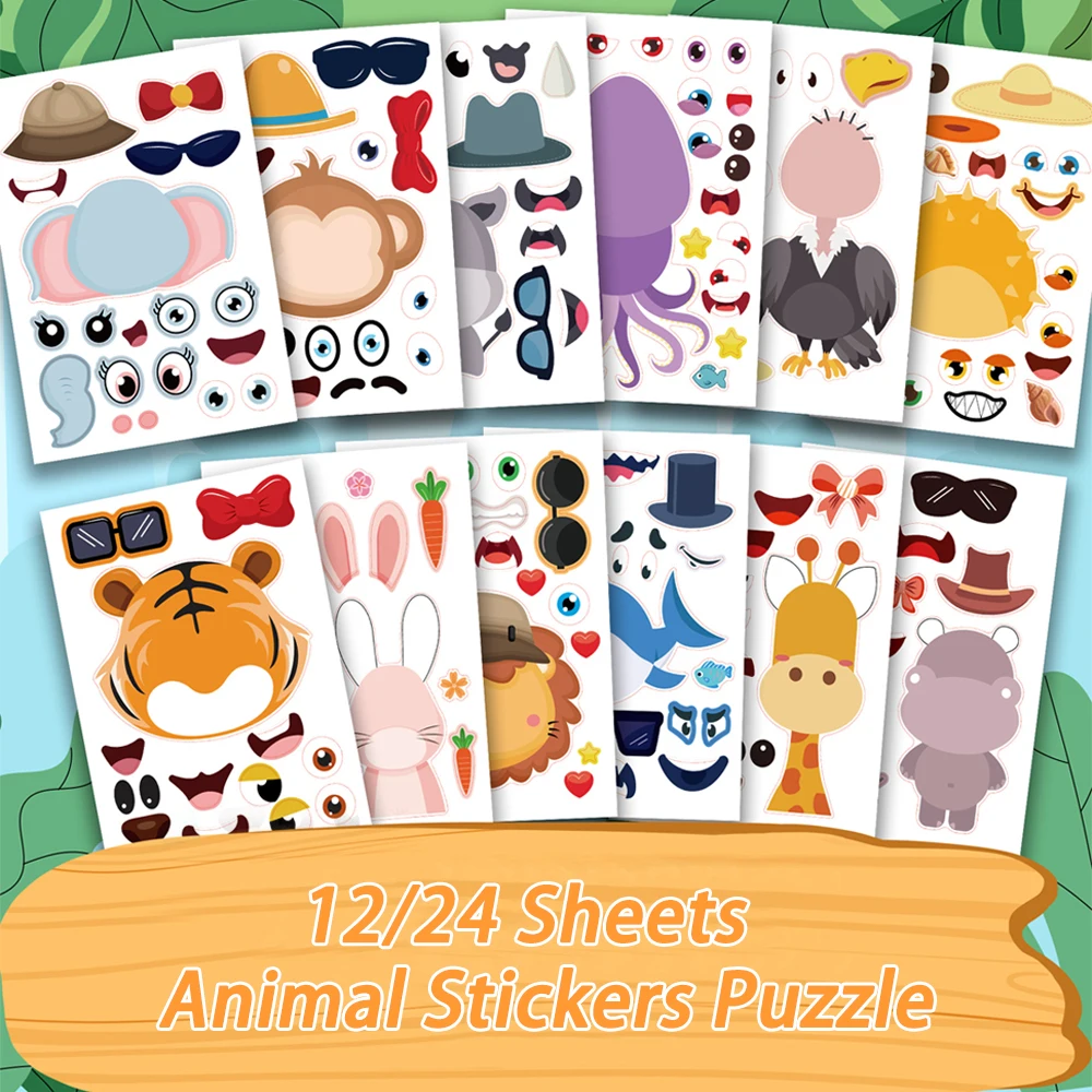 

12/24 Sheets Make-a-Face Animal Stickers Puzzle Funny DIY Assemble Jigsaw Sticker for Kids Gifts Early Learning Education Toy