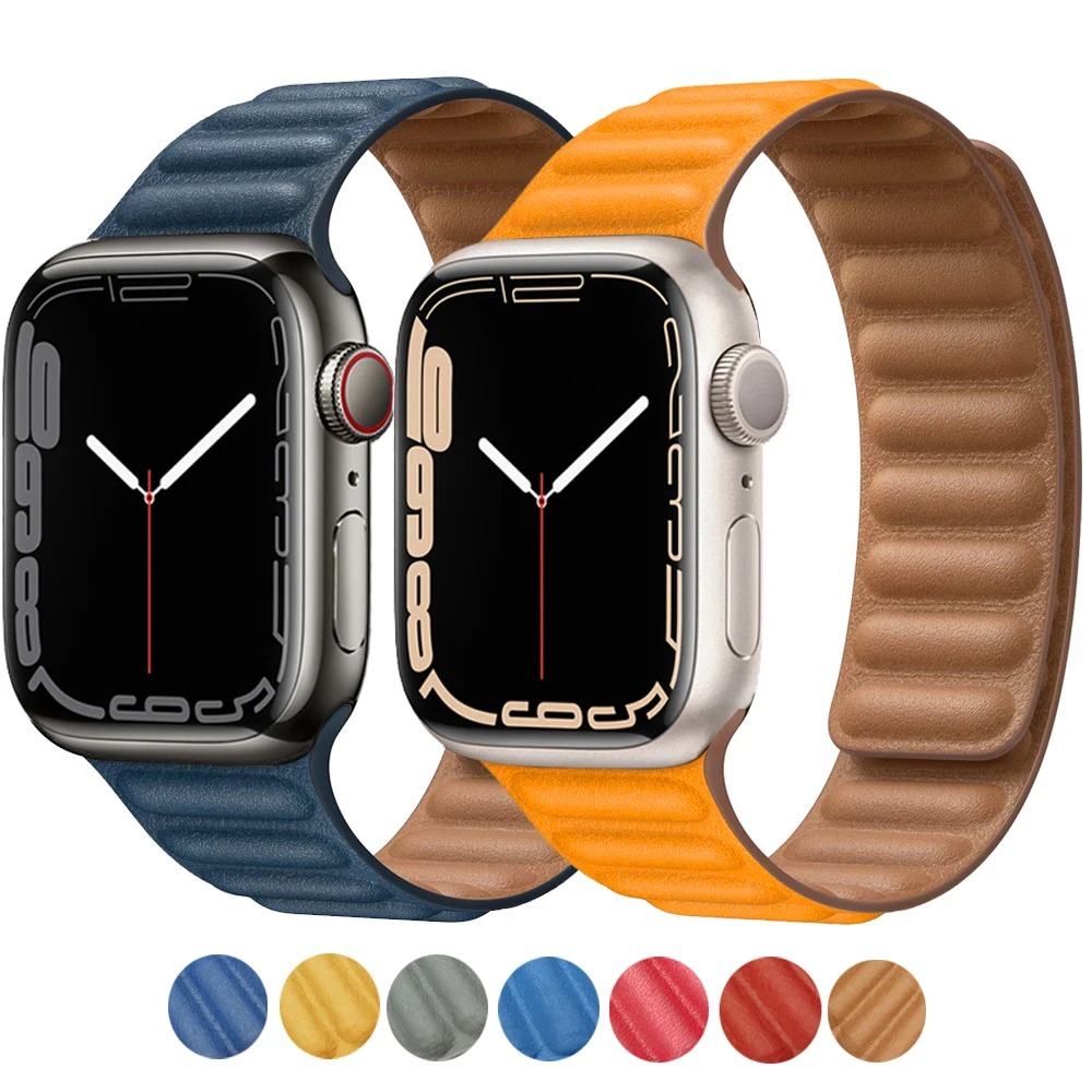 

Leather Link For Apple watch 7 band 40mm 44mm 42mm 38mm 42 mm 1:1 Magnetic Loop bracelet iWatch series 7 6 5 4 3 SE strap