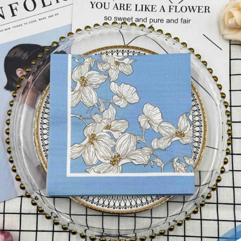 Printed Napkins 10/20pcs/Pac 33*33cm Blue Floral Model Square Mouth Cloth Paper Party Restaurant Disposable Placemats