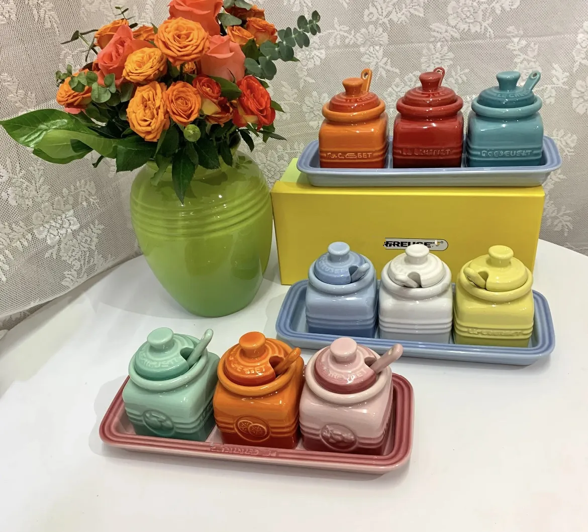 3PCS Ceramic Spice Container Set For Storing Salt Sugar Pepper