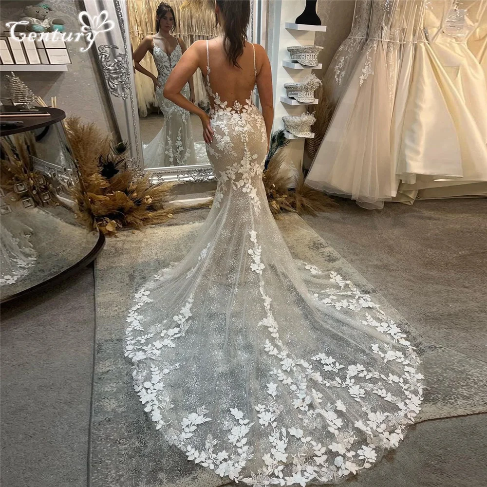 

Boho Wedding Dress for Women 2024 Bride Spaghetti Straps Sparkle Lace Appliques Rustic Garden Bridal Gowns Robe de Mariee